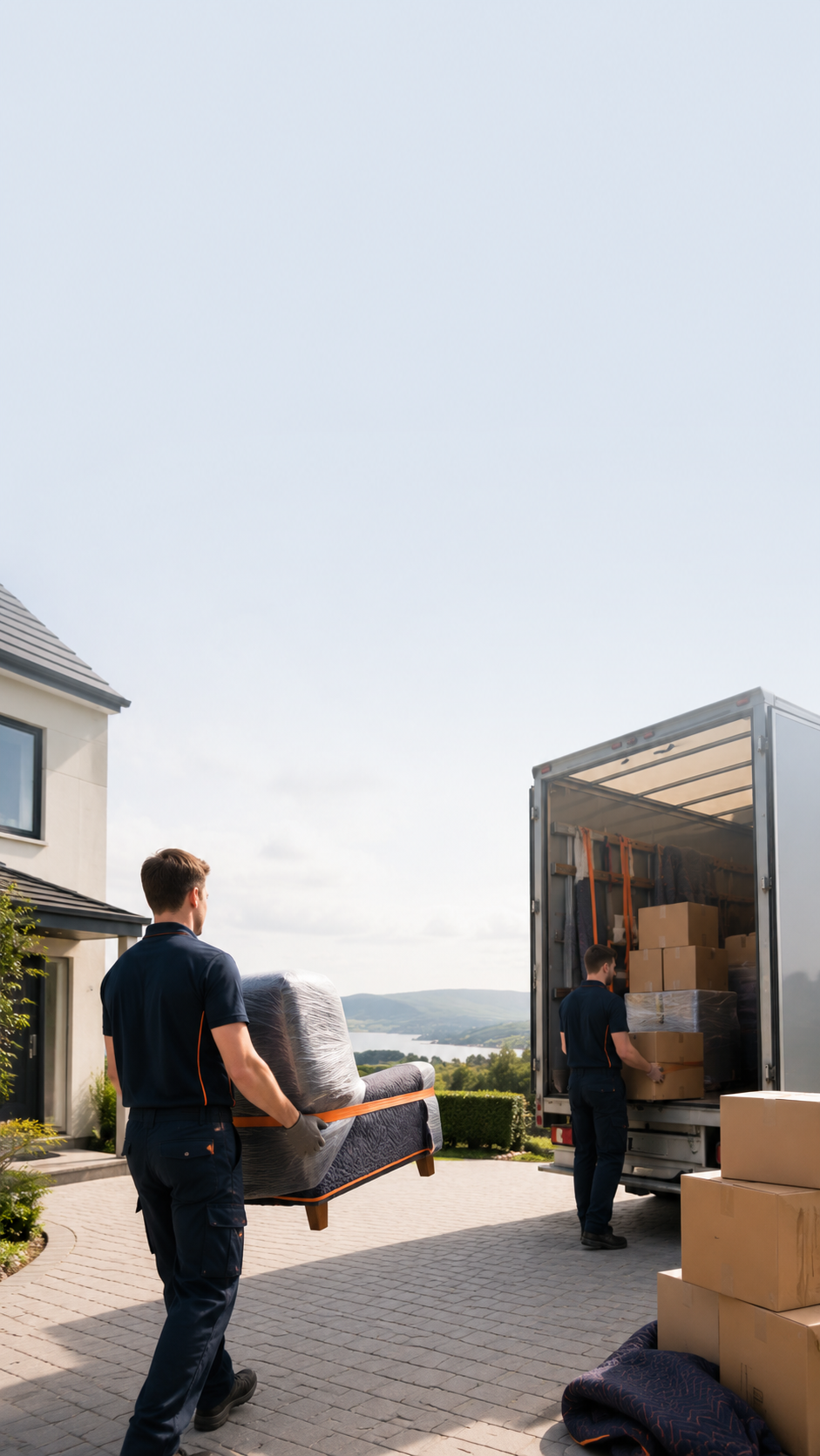 DSN Removals team carefully loading a wrapped sofa and boxes into a large box van outside an Irish home